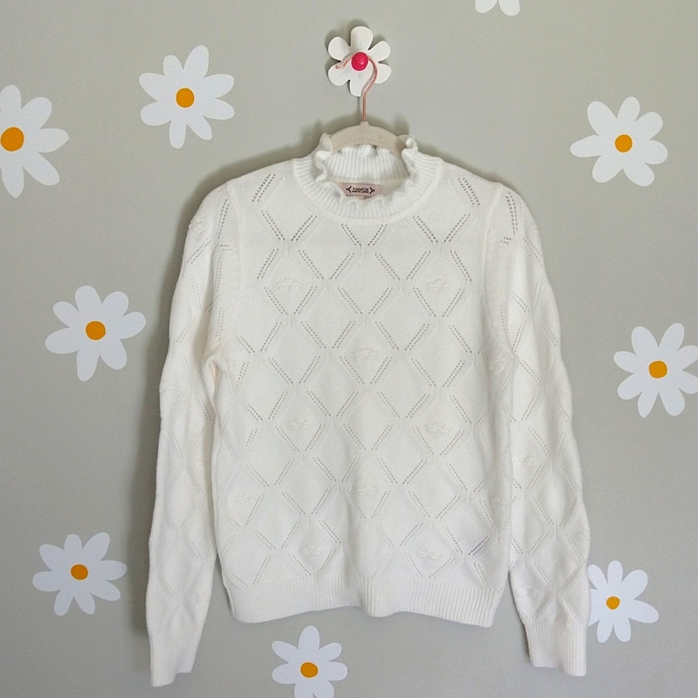Nanette Lepore White Knit Textured Ruffle Neck Sweater